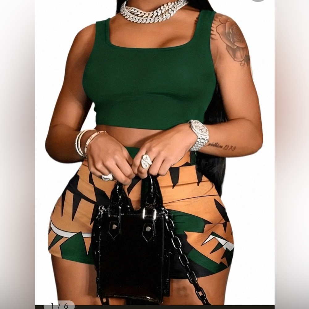 Stylish Green Crop Top and Patterned Shorts Set